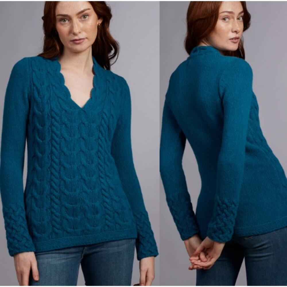 Aran Sweater Market Wool Cashmere Cable V-Neck Pullover Teal Harbour Women's XL